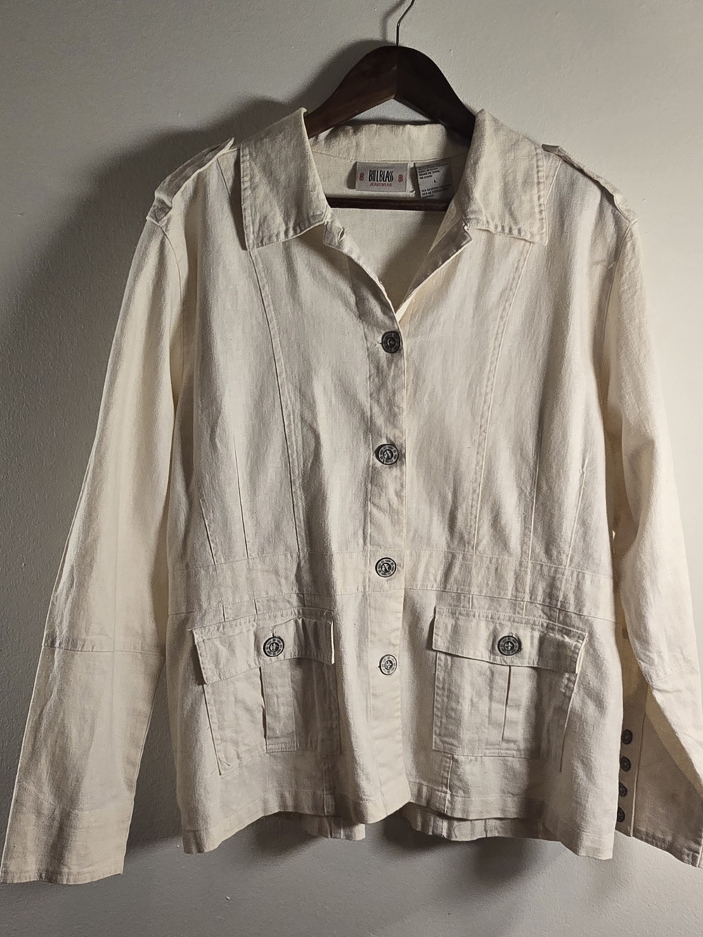 Vintage Y2K Women's Bill Blass Linen Cotton Safari Utility Jacket Cream Size L
